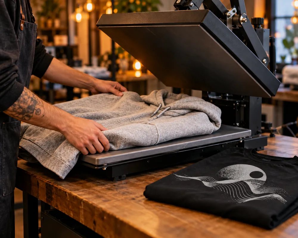 Staff member placing a customer's own hoodie on a heat press