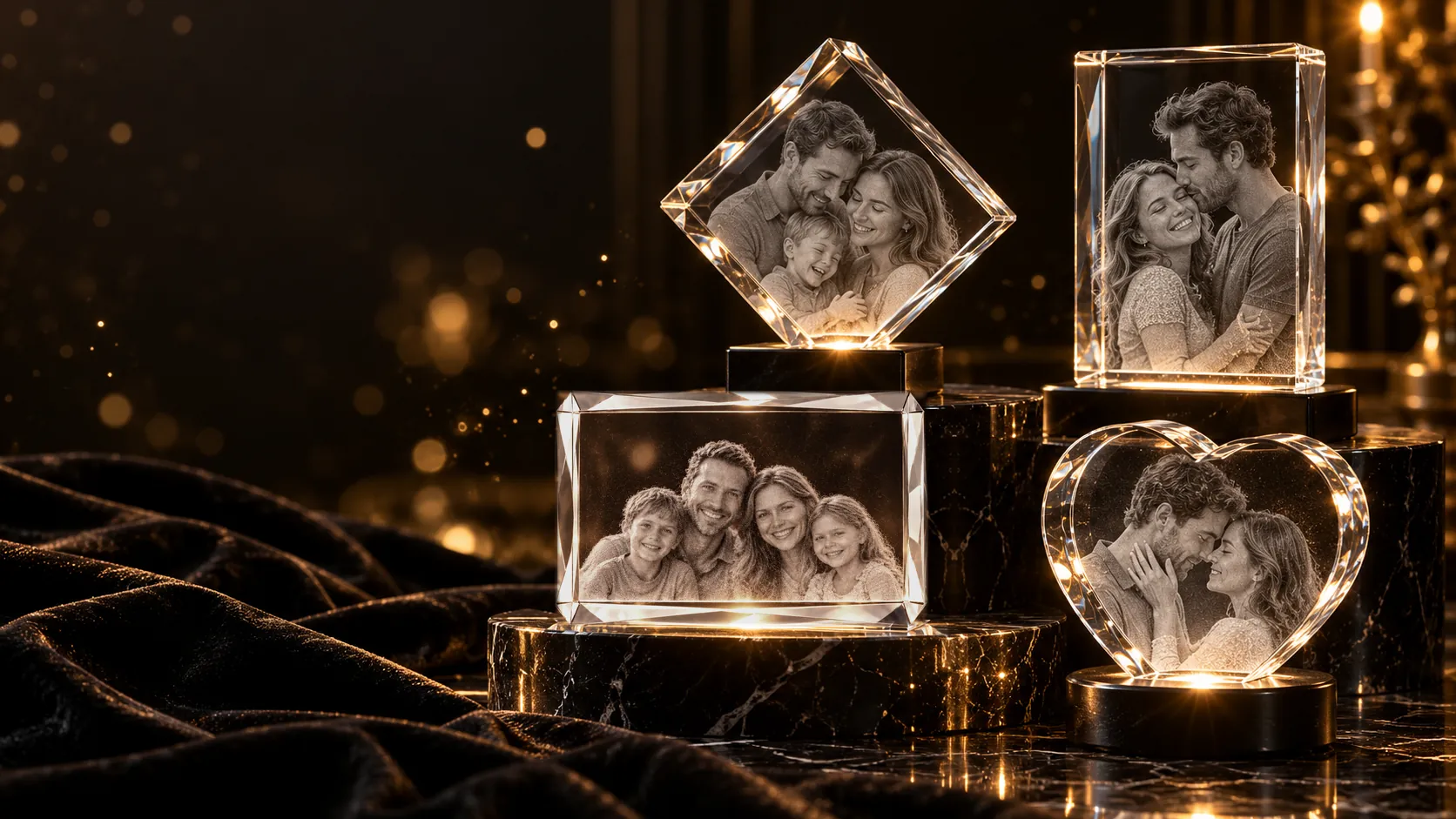 3D crystal photo engraving by TeesHub — cube, rectangle, diamond edge and heart crystals